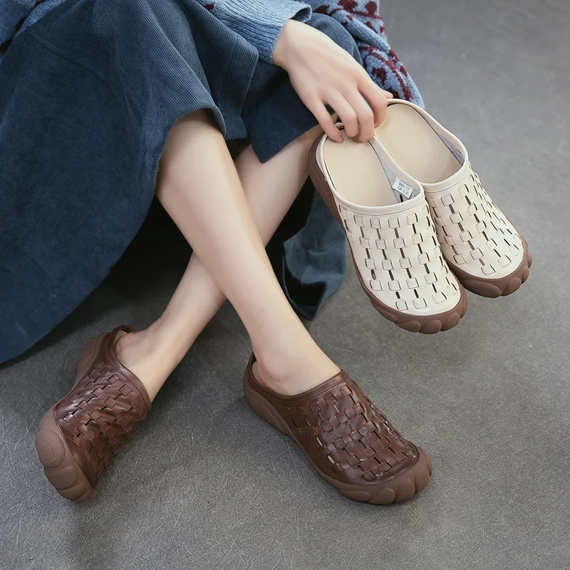 

GKTINOO 2026 Summer New Genuine Leather Weaving Breathable Round Toe Slippers Retro Versatile Outgoing Slides Women's Shoes