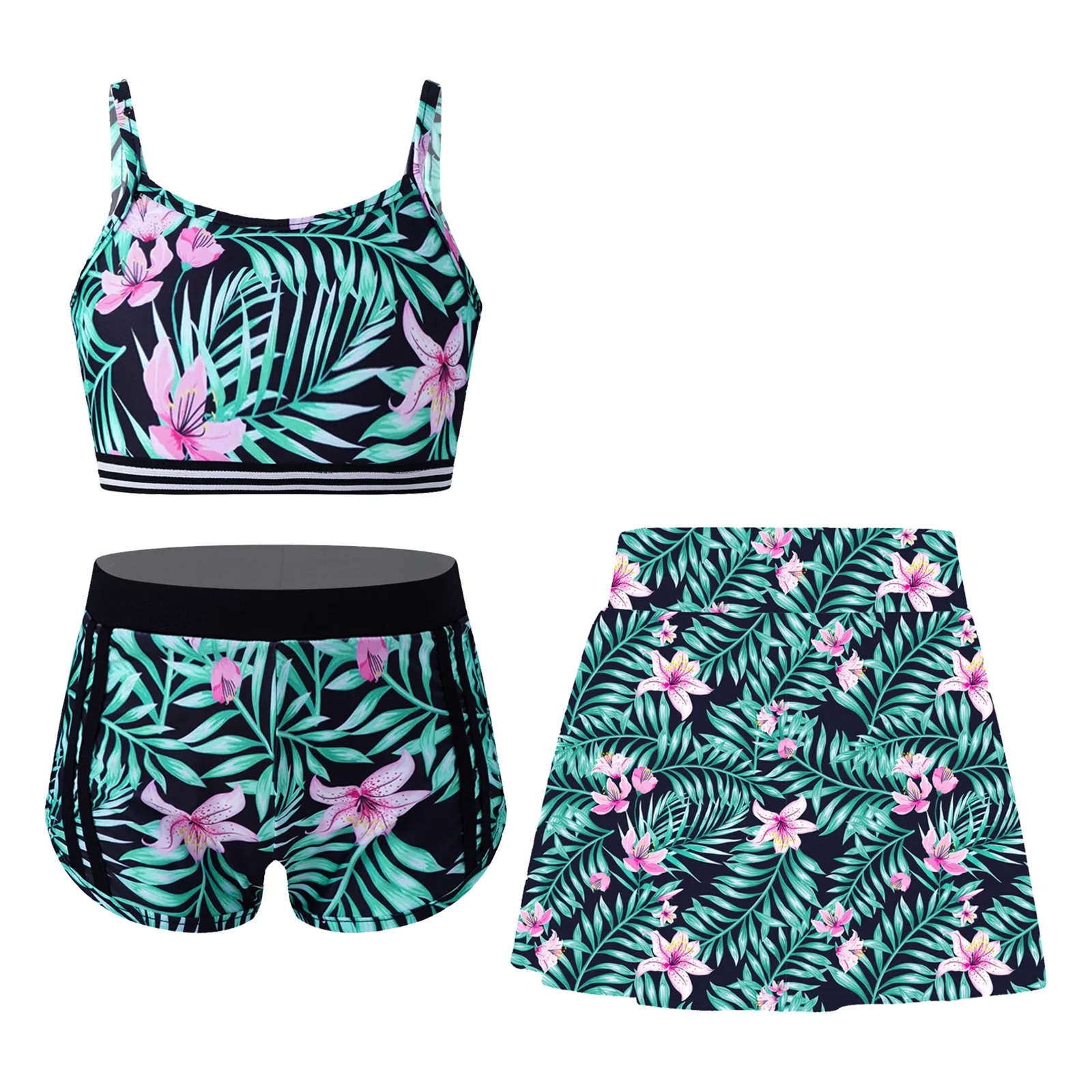 

3Pcs Summer Kids Girls Printed Swimwear Swimsuit Set Spaghetti Shoulder Straps Crop Top with Shorts And Skirt for Swimming