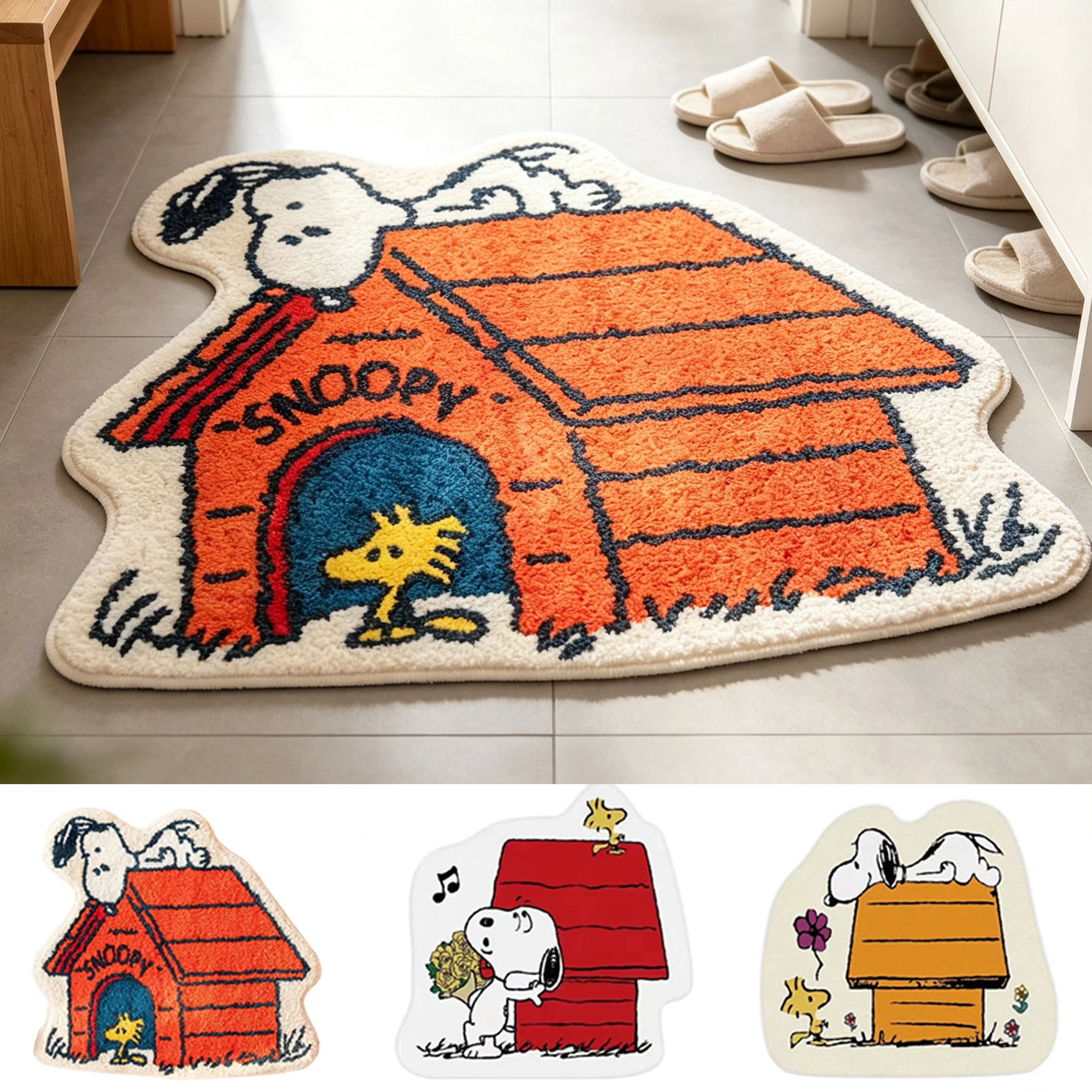 Tapete de Chão Macio em Formato de Casinha de Cachorro Irregular com Estampa de Cartoon Woodstock, Antiderrapante e Absorvente, para Decoração de Quarto e Banheiro