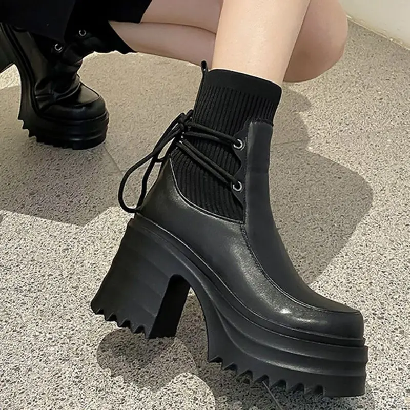 2024 New Ankle Boots Women Quality Platform Boots Female Fashion Short Boot Black Chunky High Heel Women Shoes Fashion Spring