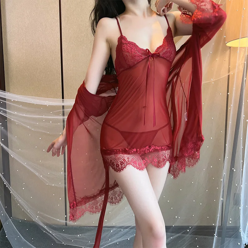 

New Lingerie plus Size See-through Seduction Braces Sexy Lace Pajamas Suit Nightdress Homewear