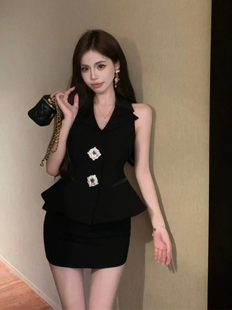 Korean Elegant Fashion Blazer Two Piece Set For Women Sleeveless Sexy Vest Top + Skirt Sets Summer 2 Piece Outfits