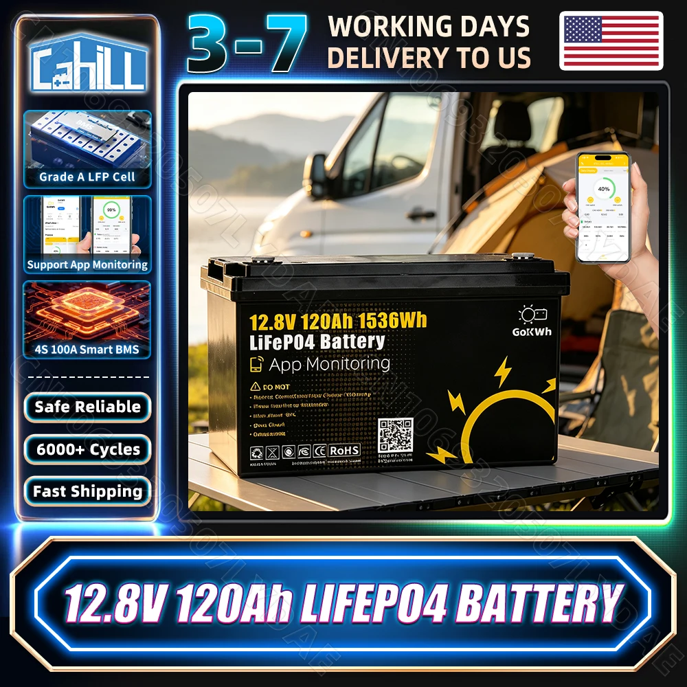 US Stock 12V 100Ah 120Ah LiFePO4 Battery Pack APP Control Built-in BMS 12.8V LFP Rechargeable Cell DIY 24V 100Ah 120Ah 12V 200Ah 240Ah 48V For RV Boat Solar Golf Cart Home Energy Storage Backup Power