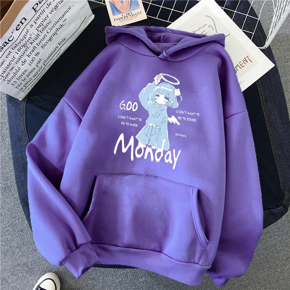 

Cute Monday Girl Harajuku Pattern Women Hoodies Harajuku Multicolor Pullovers Fleece Soft Sportswears Casual Pocket Hoody Unisex