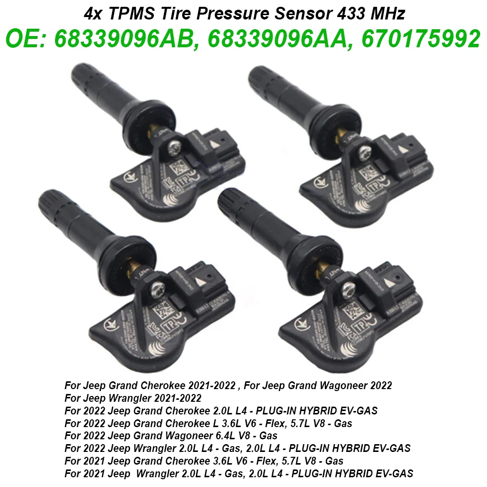 

4PCS TPMS Tire Pressure Sensor 433 MHz 68339096AB 68339096AA 670175992 high quality For Jeep Grand Cherokee Wagoneer Wrangler