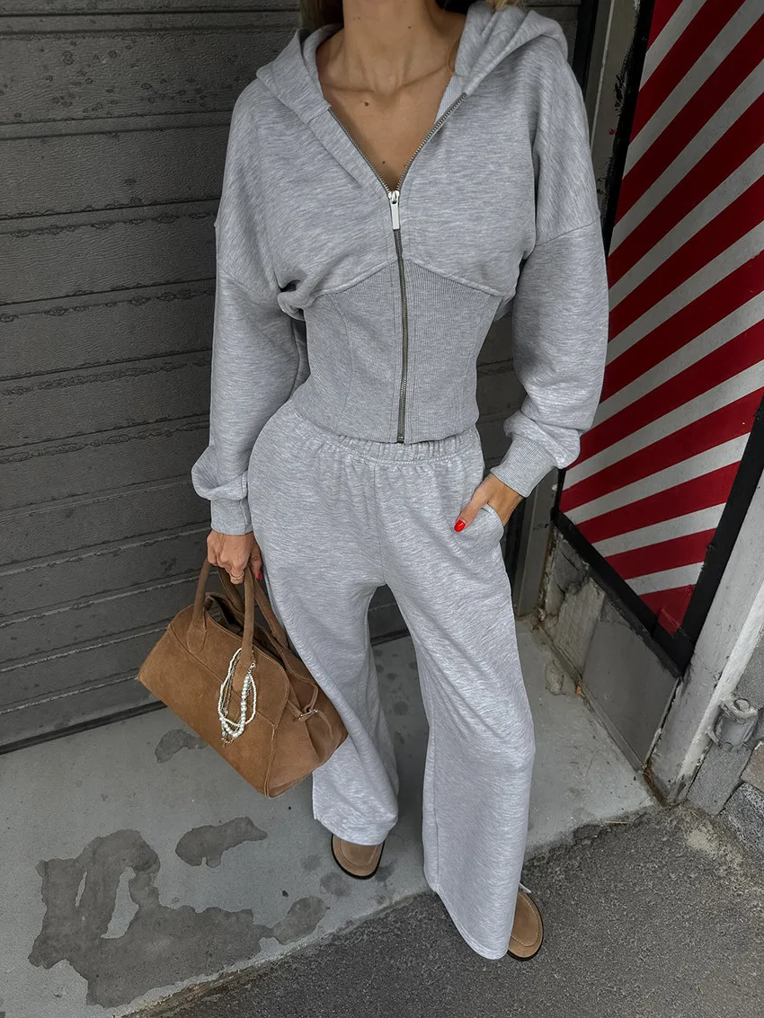 

Весенний серый повседневный брючный костюм для женщин: куртка на молнии с капюшоном и длинными рукавами + брюки с высокой талией, широкими штанинами и разрезами, осенний женский комплект из двух предметов
