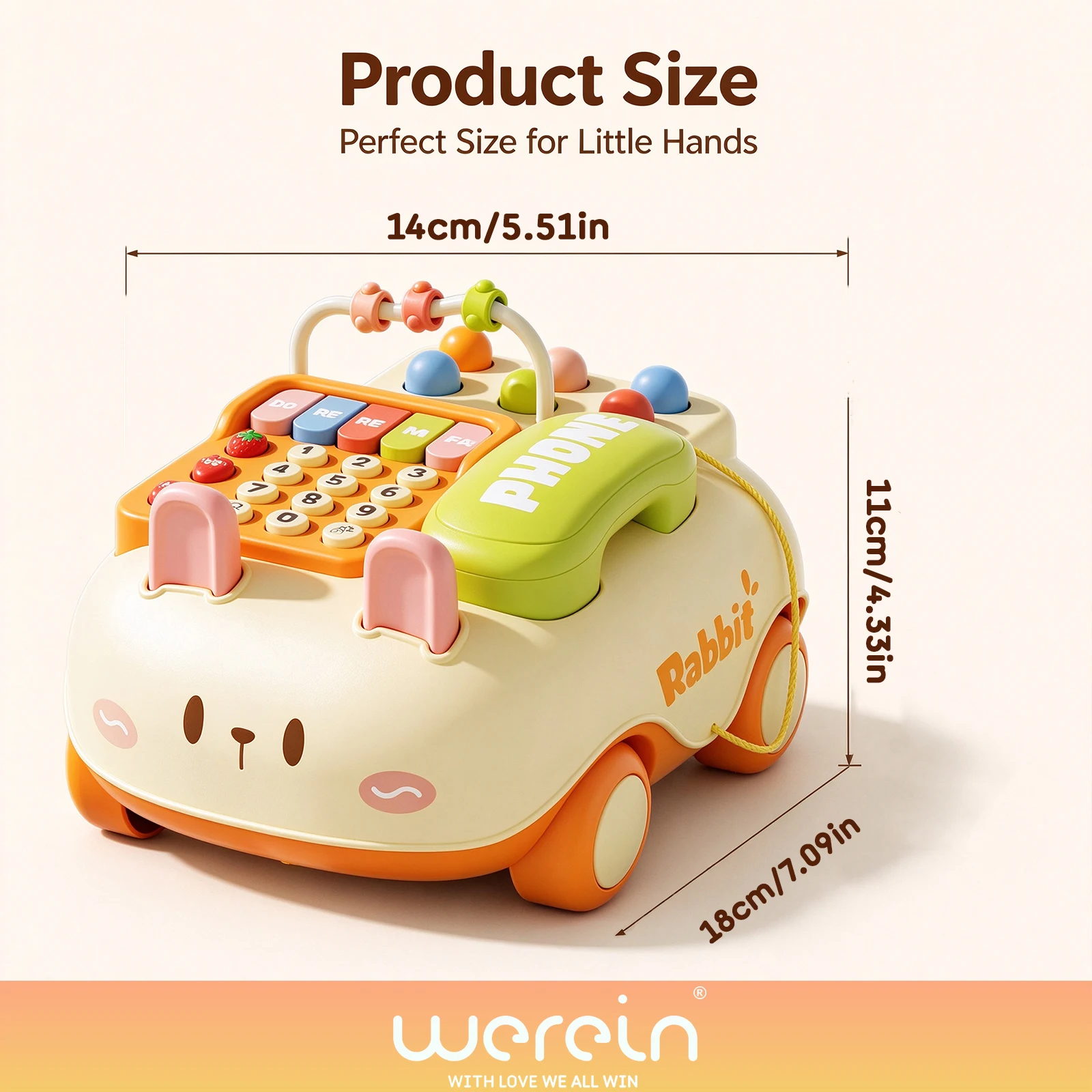 Baby Rabbit Shaped Role Play Phone Busy Beads Push Pull Car Piano Key Play Mouse Button Toy Educational Fun