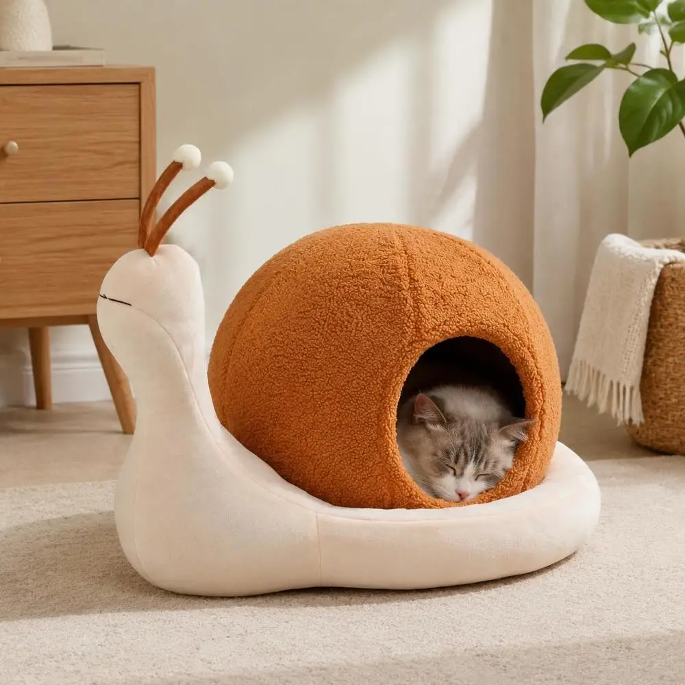 Schneckenförmiges Katzenbett 56 x 48 x 39 cm Plüschstoff mit PP-Baumwollkissen 2-in-1 Indoor-Haustier-Versteck für die Heimdekoration