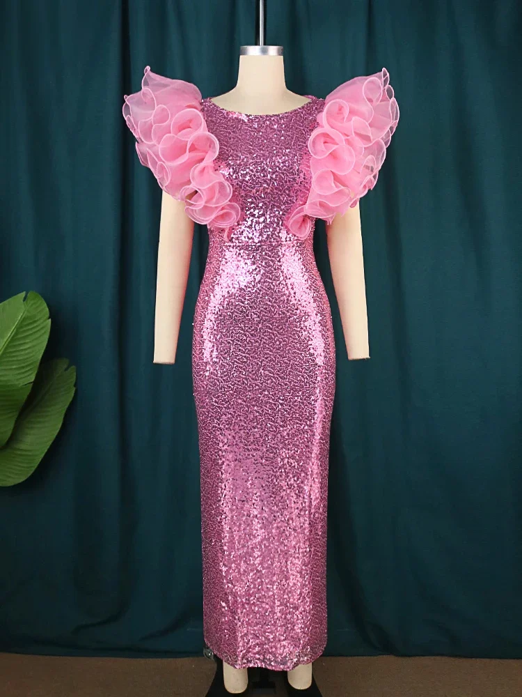 Women Plus Size Pink Sequin Evening Dresses Ruffle Flying Sleeve Glitter Dress Luxury Long Party Wedding Night Cocktail Gown