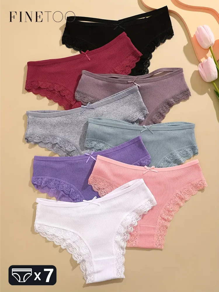 7PCS/Set Women Cotton Panties Sexy Lace Brazilian Panties Hollow Out Low Rise Sexy Lingerie Solid Co