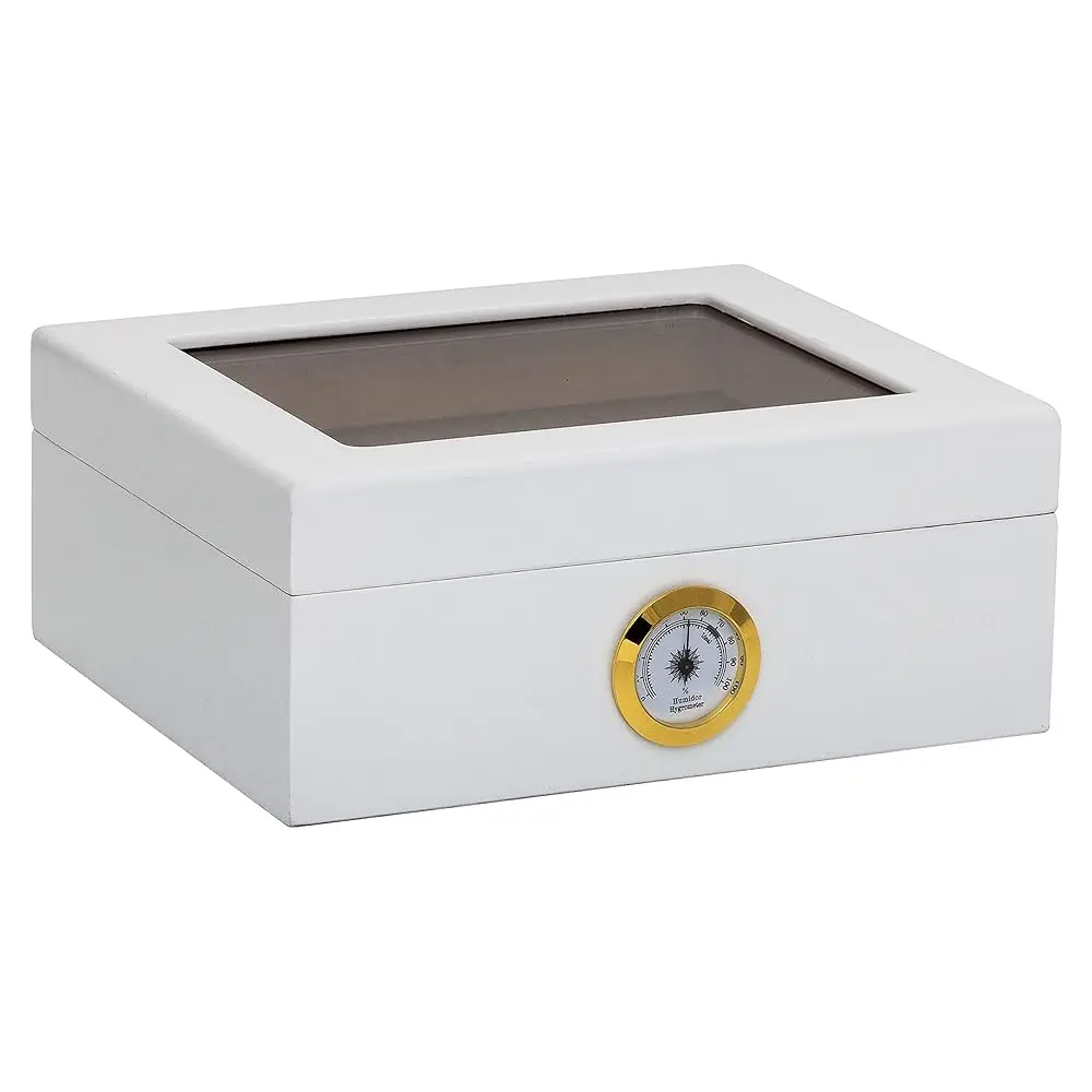 

Capri Desktop Humidor with Tempered Glasstop, Cedar Divider, and Brass Ring Glass Hygrometer, Holds 25 to 50 Cigars, White