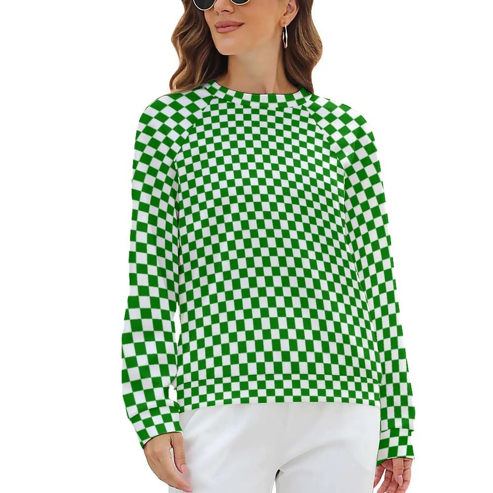 Plaid Print Casual Hoodies Green And White Checkered Funny Printed Hoodie Spring Long-Sleeve Harajuku Oversized Sweatshirts Gift