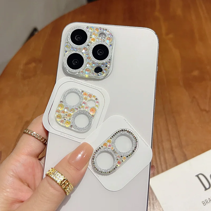 

New Glitter Rhinestone 3D Diamond Tempered Glass Rear Camera Lens Protector for iPhone 16/15/14 Pro Max/Plus/13/12/11 Pro