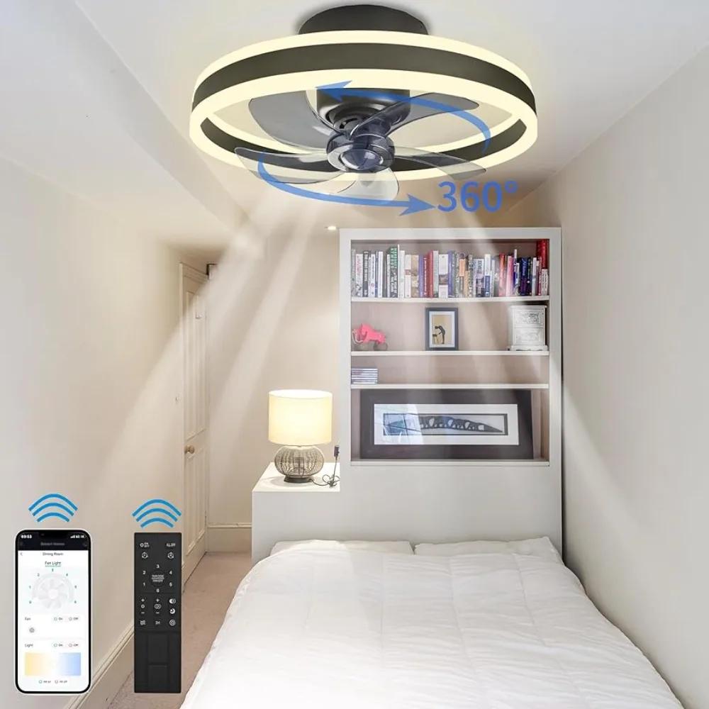 360 °oscillationlow profile ceiling fan with light remote control and APP Bluetooth control,20 inch silent bladeless ceiling fan