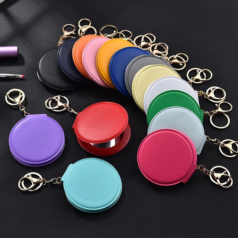 

Makeup Mirror Pu Small Round Keychain Double-Sided Folding Mirror Furry Ball Mirror Pendant Gifts Travel Accessories