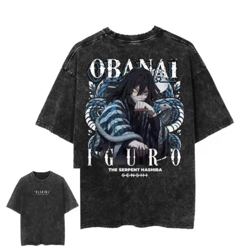 Camiseta de Anime Demon Slayer, camiseta Iguro Obanai, ropa para hombres y mujeres, ropa informal lavada Vintage, camisetas holgadas de algodón de manga corta con cuello redondo