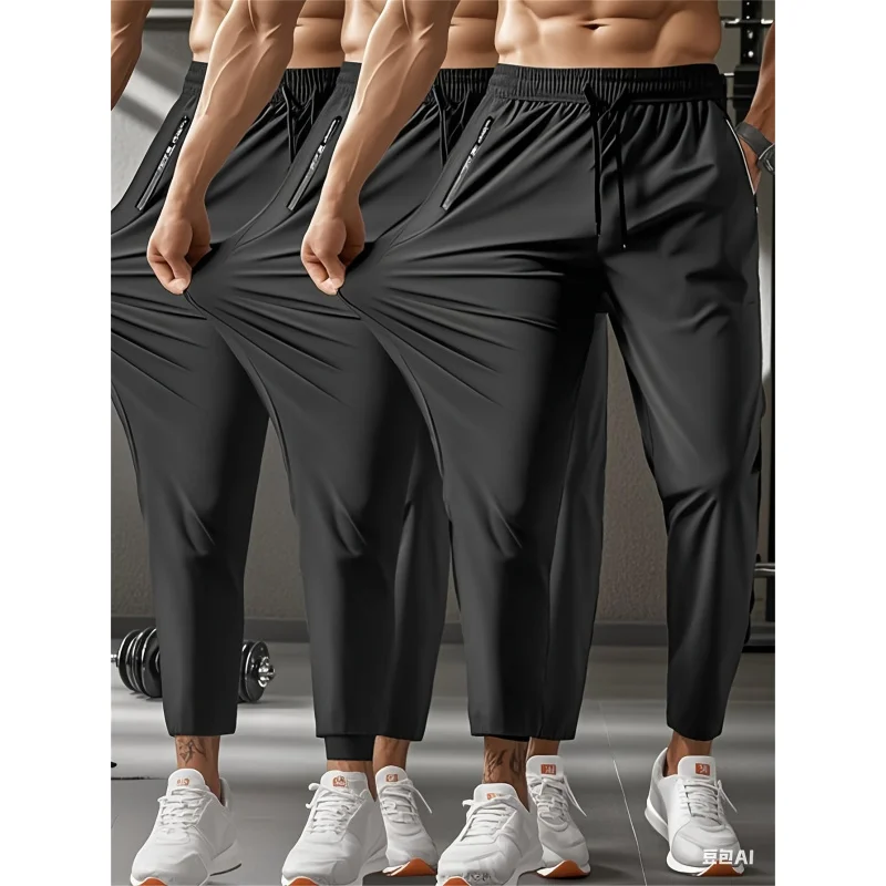 

Summer Pants Man Breathable High Elastic Drawstring Waistband Zipper Pocket Men's Casual Sports Straight Joggers Football New