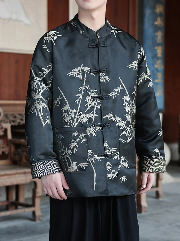 

New 2025 Men's Bamboo Le Embroidery Jaet Chinese Sle Retro Faion Outerwear Long Sve Stand Collar Button up Coat