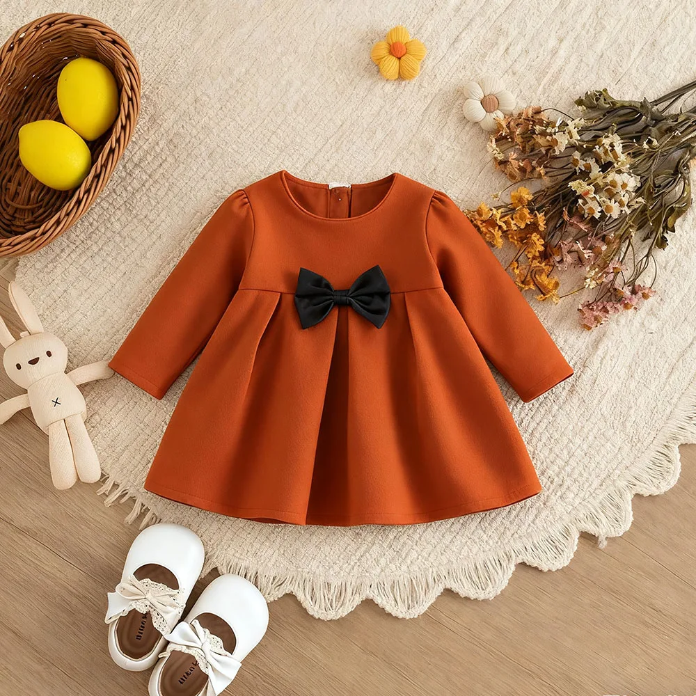 Baby Girl Clothing Fall/Winter Solid-Color Bow-Trim Woolen Girls Coat Cute And Warm Baby Outerwear
