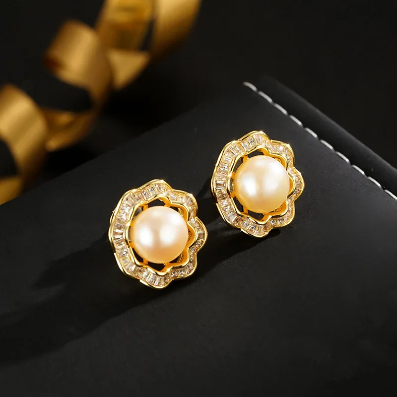 Venta caliente elegante Natural Rosa perla de agua dulce flor de cristal brillante 14K relleno de oro pendientes de tuerca para mujer regalos de joyería baratos