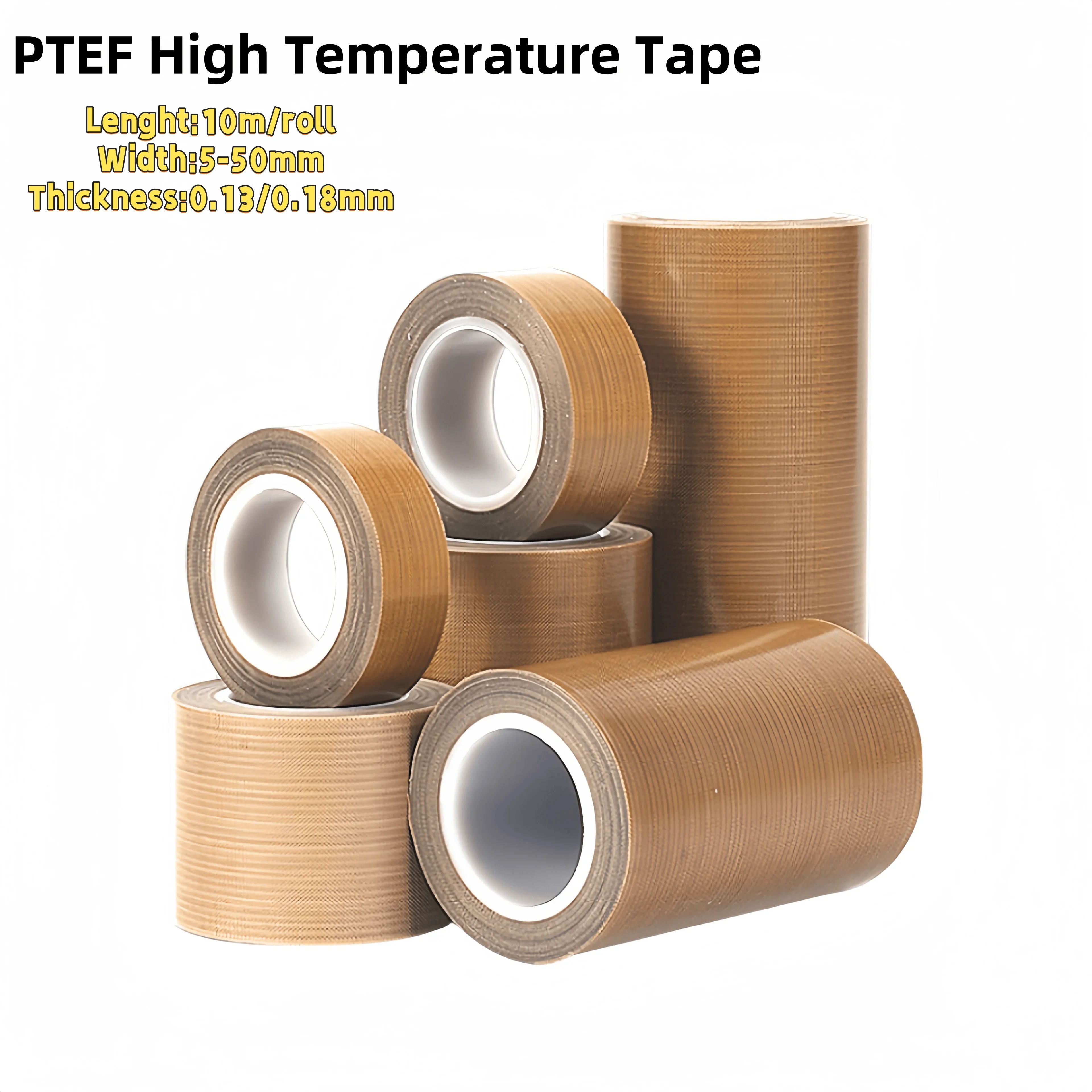 PTFE Tape Adhesive Cloth Insulated High Temperature Resistant Sealing PTFE Tapes Width 5~50mm Thickness 0.18mm 0.13mm