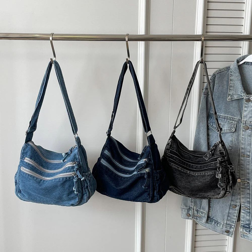 

Винтажная джинсовая сумка через плечо, женская сумка-мессенджер большой вместимости, сумка-сэтчел с несколькими карманами, регулируемый ремень, женская сумка через плечо