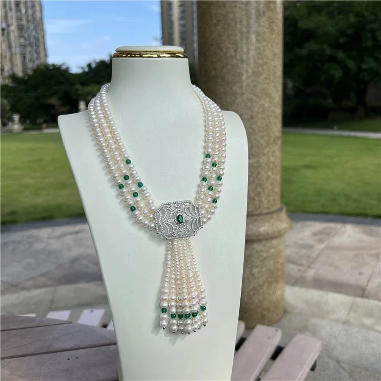 Jewelry 20\'\' 3 Strands Cultured White Pearl Green agate Necklace White Pearl Cz Pendant