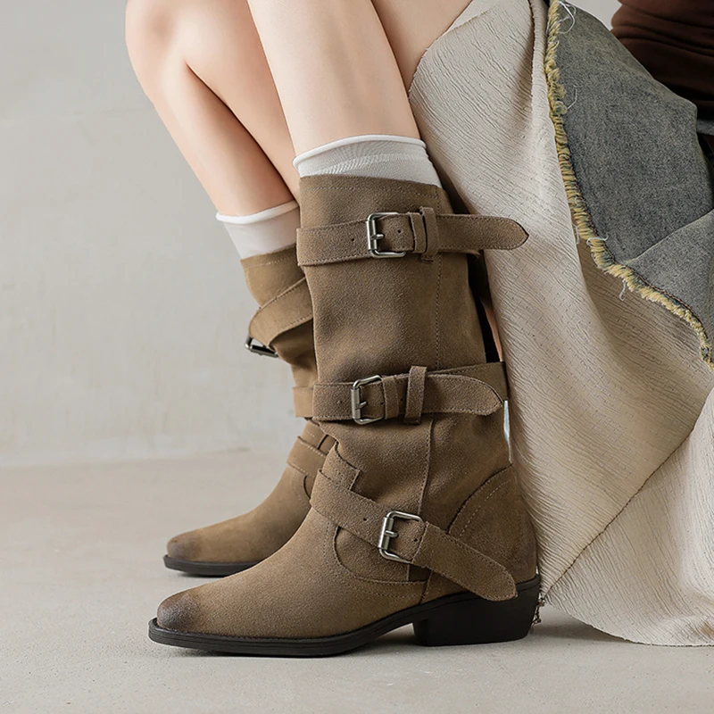 

New 2026 Women's Natural Suede Leather Square Toe Gradient Color Metal Buckle Slip-on Motorcycle Boots Casual Female Half Boots