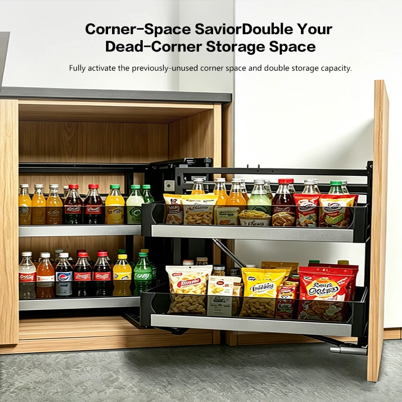 Rotary Linkage Corner Basket Full Pull Out Double Tier Spice Rack Organizer For Kitchen Cabinet With Stainless Steel Frame