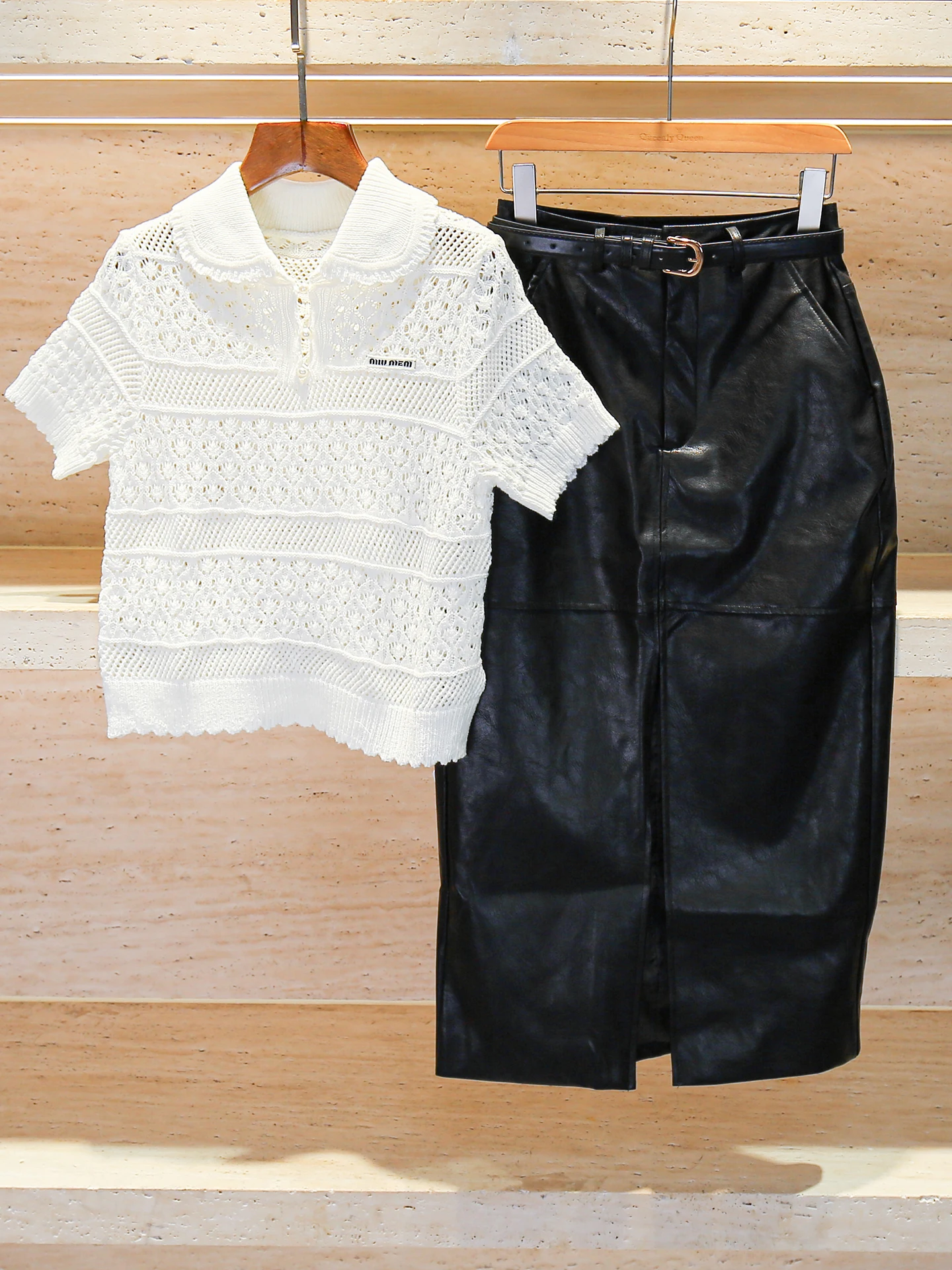 High-End Women's Summer Knitted Hollow out T-irt Top with f Skirt Set Polyester Fiber ort Sve Turn-down Collar