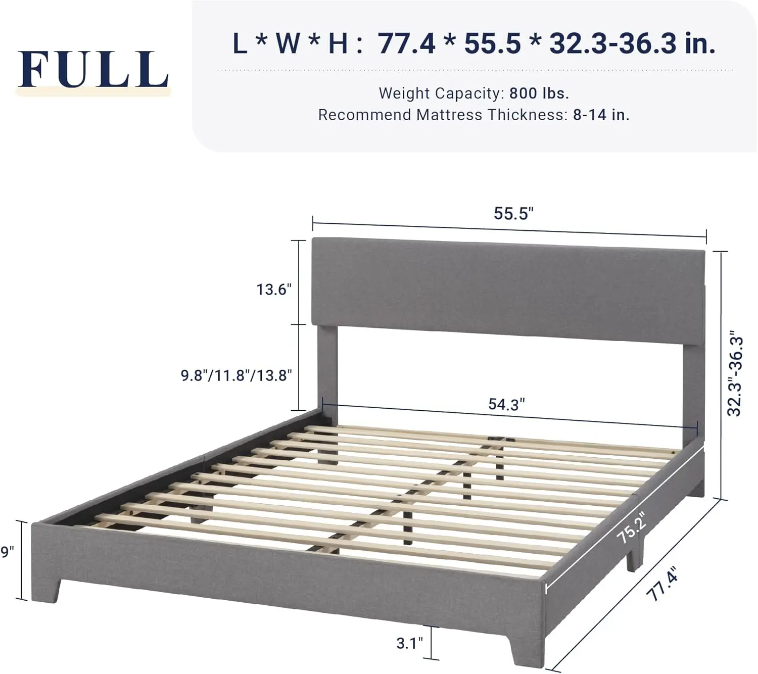 Full Size Bed Frame with Adjustable Headboard, Upholstered Platform Bed with Wood Slats