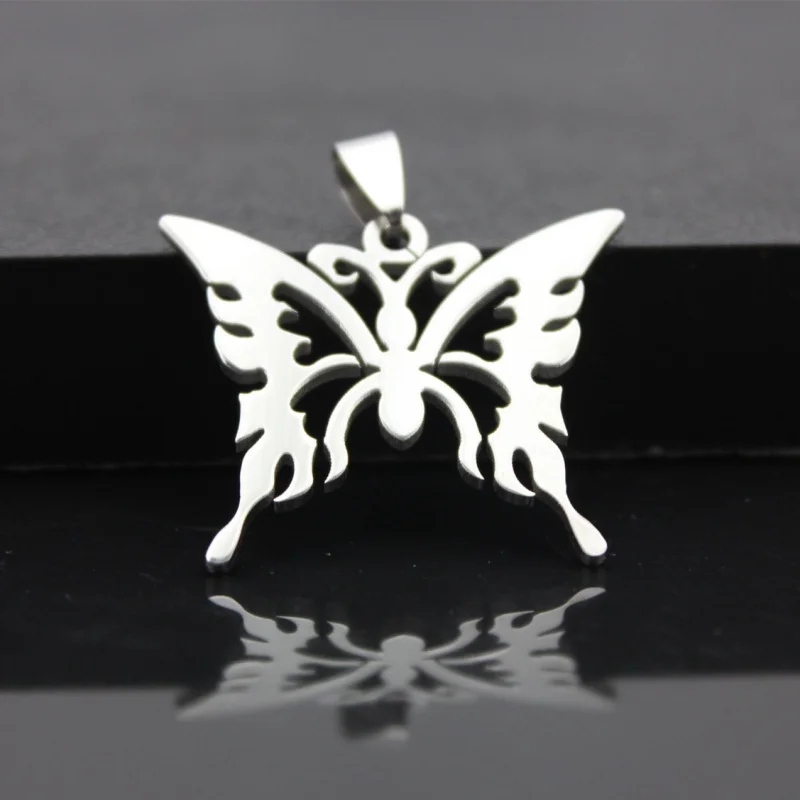 3PCS SETFashion Couple Pendant Necklace Stainless Steel Butterfly Pendant Empty Holder Men's and Women's Titanium Steel Hollow O