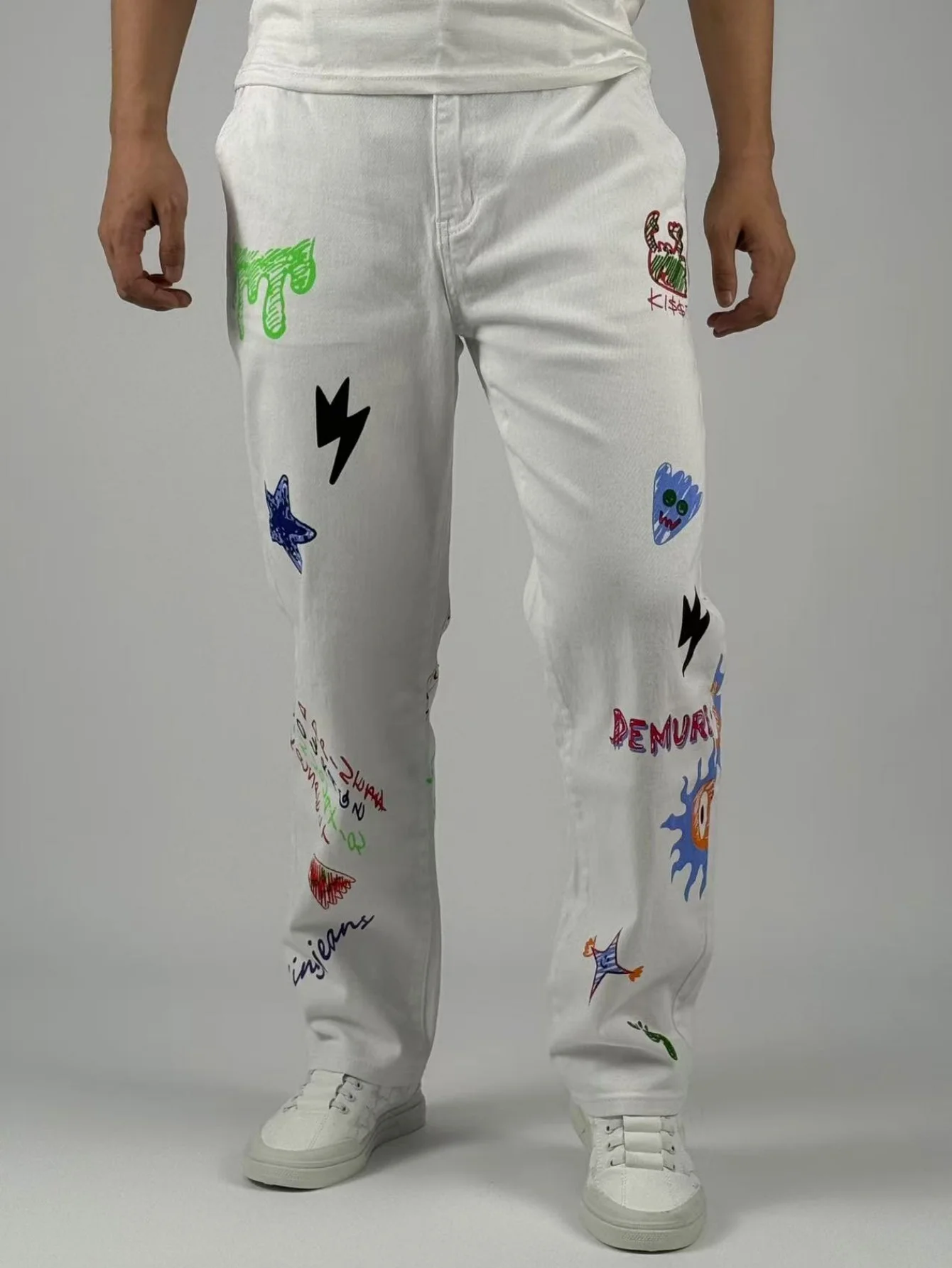 KING JEANS メンズ ストレッチウエストパンツ - ルーズストレートフィット - ヒップホップパーティートレンドプリント - クラシック万能ホワイト