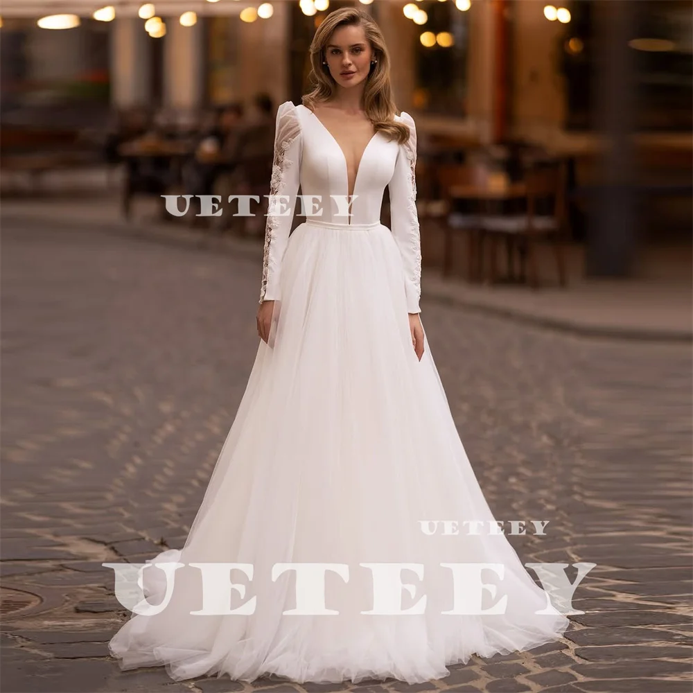 

UETEEY Customized V Neck Appliques Long Puff Sleeves Tulle Wedding Dress A Line Button Back Court Train vestidos de novia