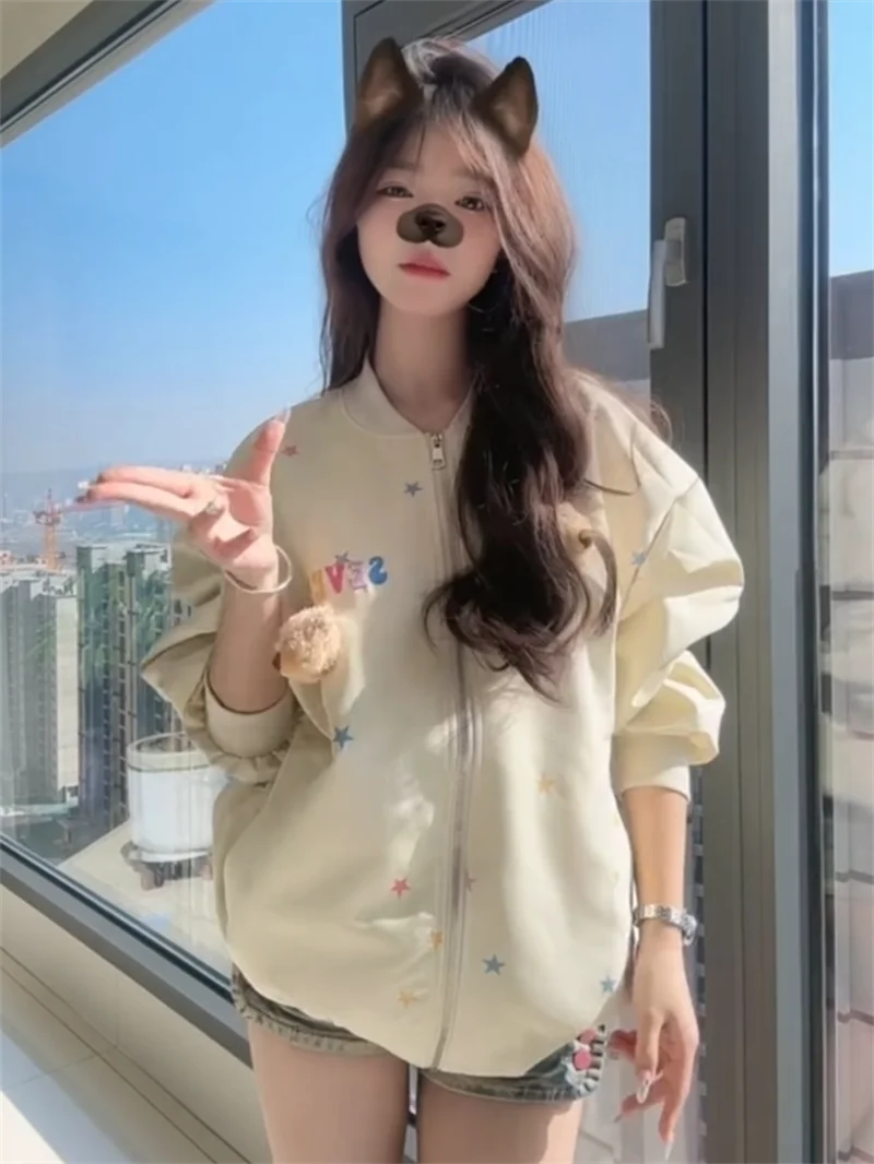 여성용 도파민 베어 펜던트 코트 2025년 봄 신상 루즈핏 스몰 스타 프린트 다용도 학생용 트렌디 탑 여성