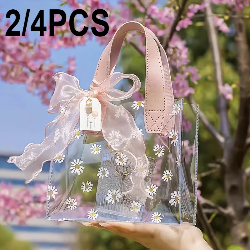 2/4PCS Transparent Clear Tote Bag Shopping Little Daisy Transparent Shopping Bag Wedding Birthday Party