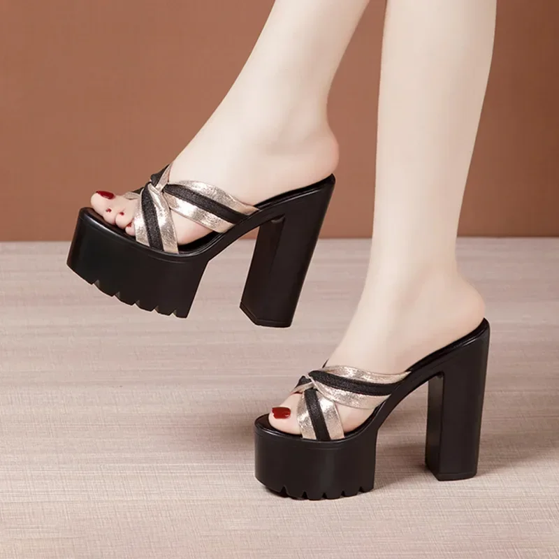 

14cm Small Big Size 32-43 Fashion Stripe Slippers Chunky Platform Shoes Summer 2025 Super Block High Heels Slides Model Dress