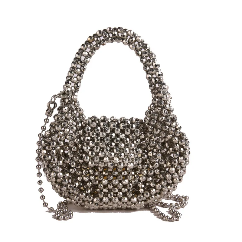

Trendy Silver Colorful Beading Weave Tote Handbags For Women Europe America Fashion Daily Party Shoulder Bags Crossbody Female