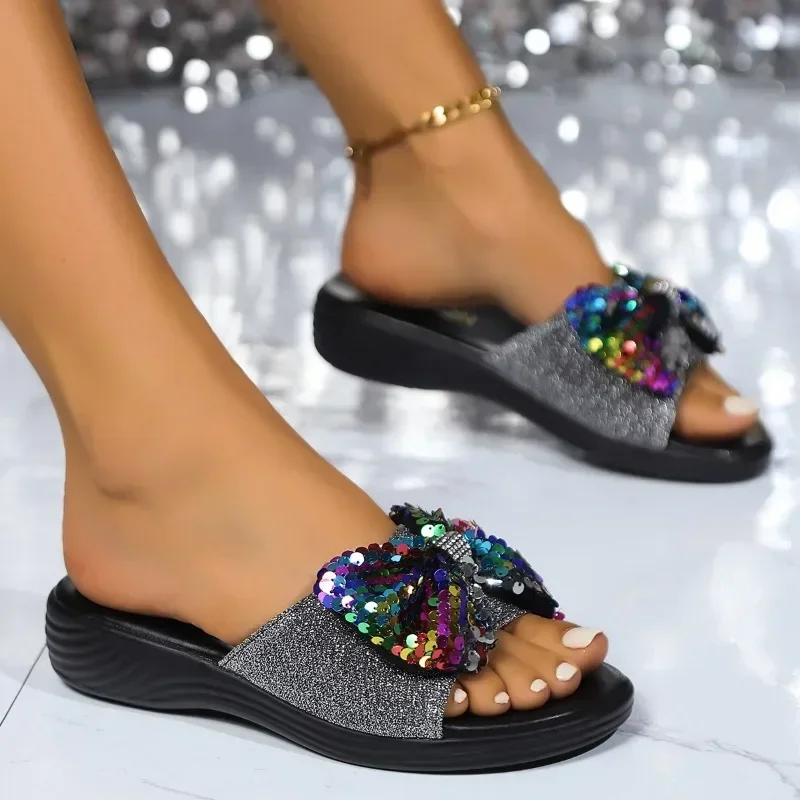 Women\'s Slippers 2024 Fashion Sequin Bow Slippers Women Summer Beach Shoes Women Flat Slides Non-slip Soft Sandals Zapatos Mujer