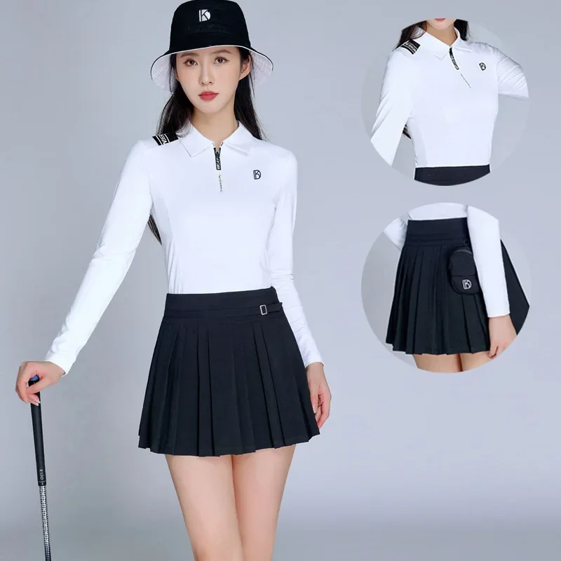 DK Women Zipper Polo Golf Shirt Slim Long Sleeve T-shirt Ladies High Waist Pleated Skirt Anti-light Golf Culottes with Small Bag