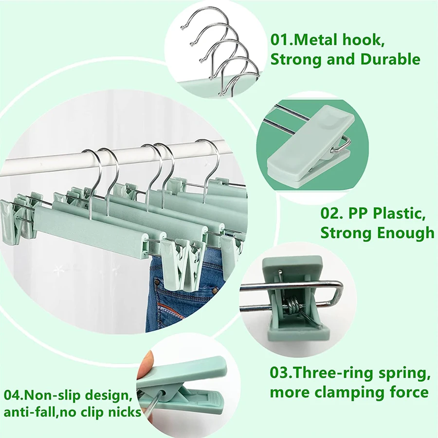 10 trouser racks with clips, five-color options, suitable for storing pants, skirts, socks, bath towels, underwear and more