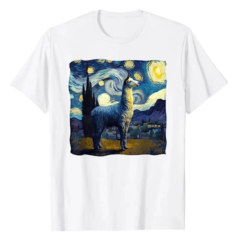 LE Llama Starry Night Oil Painting Art Weird T-Shirt Humor Funny Graphic Tee Cool Top Aesthetic Clothes  Short Sleeve Blouses