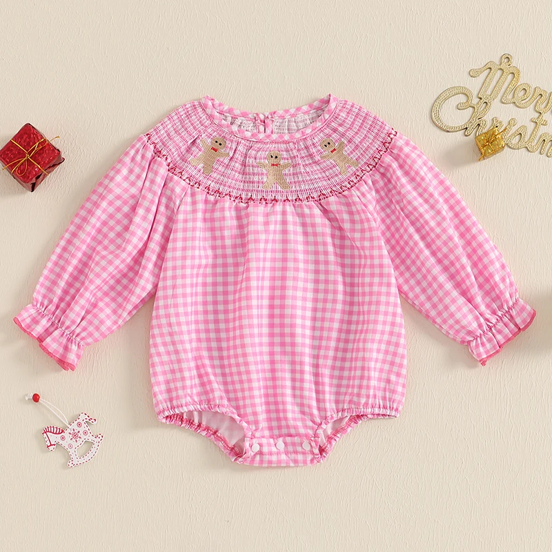 Newborn Baby Girl Christmas Outfit Plaid Smocked Bubble Romper Santa Claus Gingerbread Man Embroidery Xmas Clothes