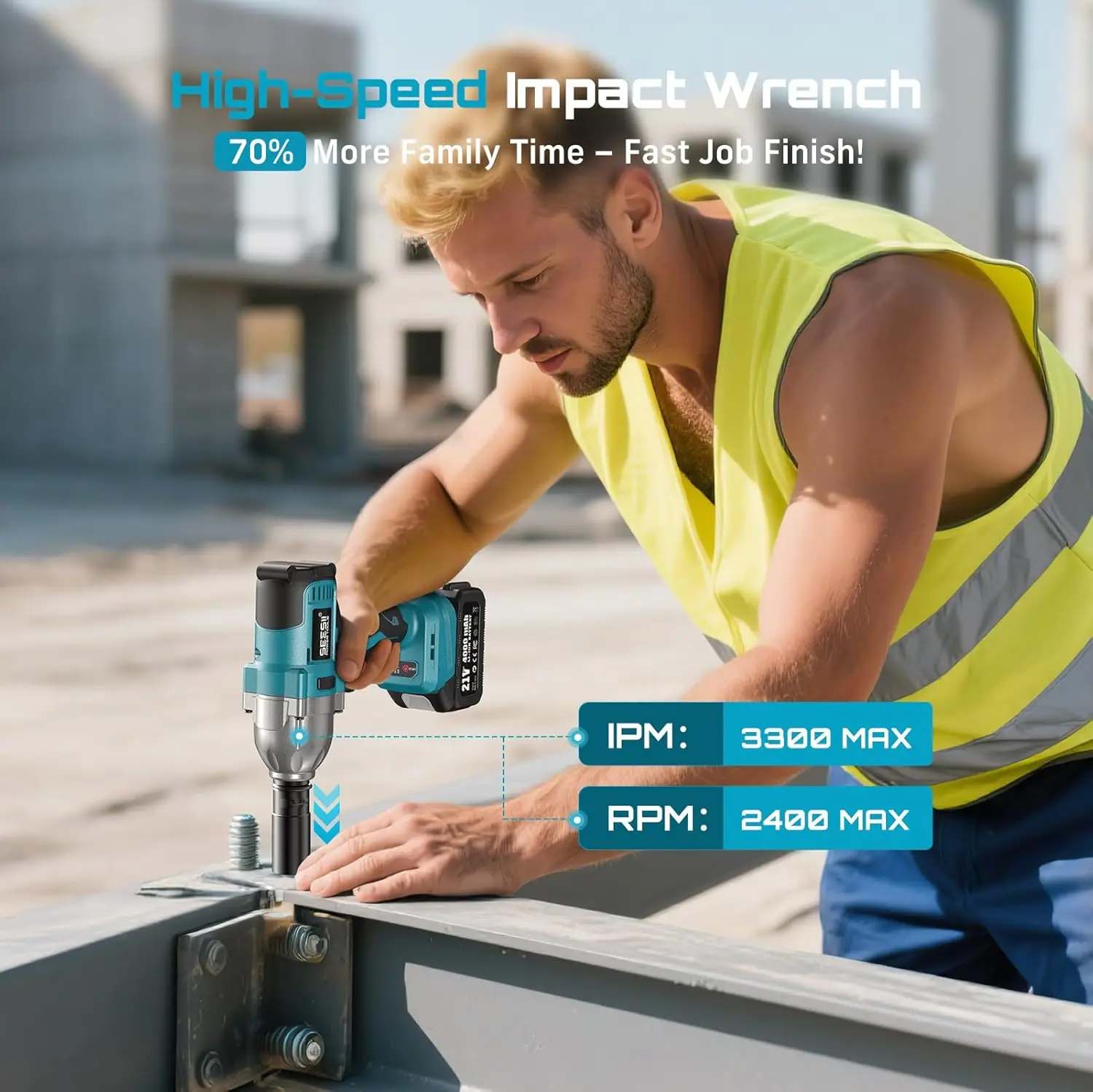 Seesii WH710 Pro 1200N.m Cordless Impact Wrench Brushless 1/2"  Electric High Torque Handheld Impact Gun Kit Battery Powered Tool with 4.0Ah Battery LED Light 6 Sockets view 3