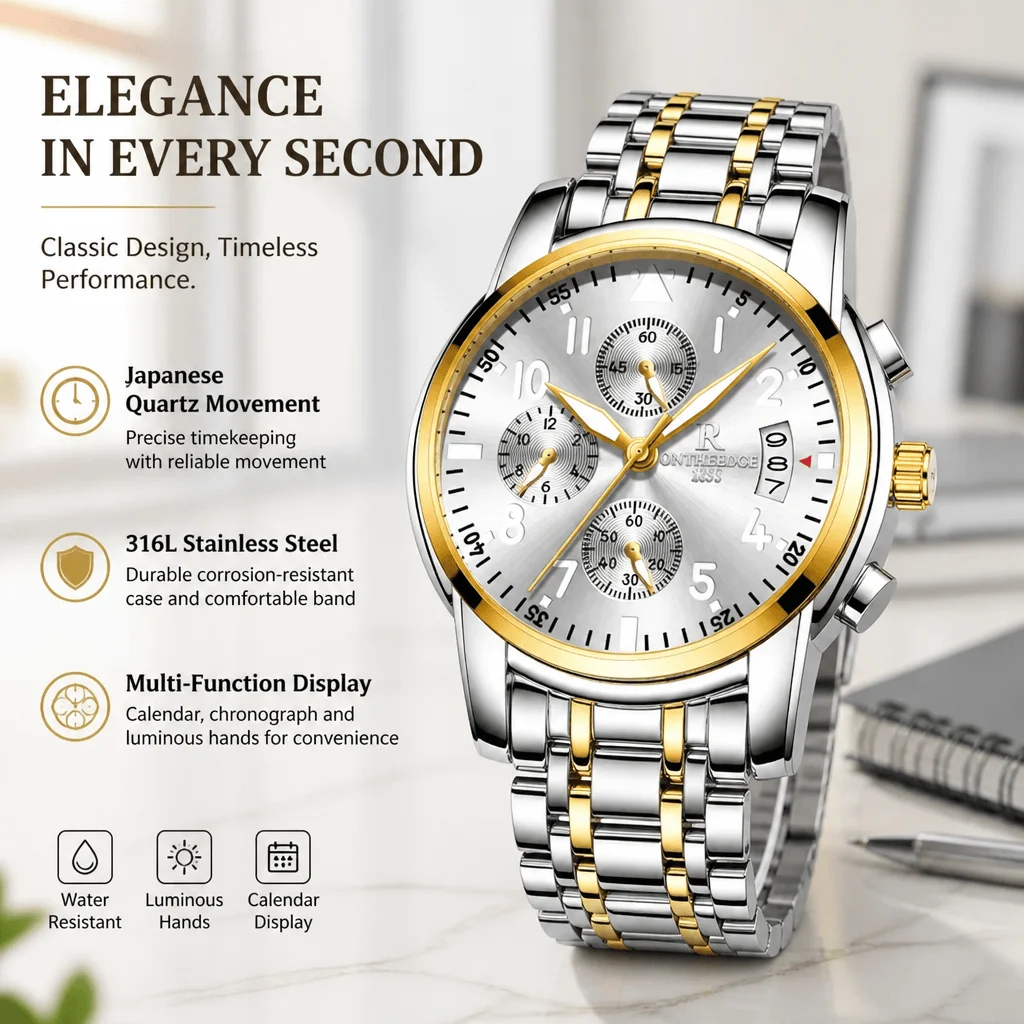 Women Quartz Watch Stainless Steel Chronograph Calendar Waterproof Business Casual 316L Steel Luminous Dial Japanese Movement