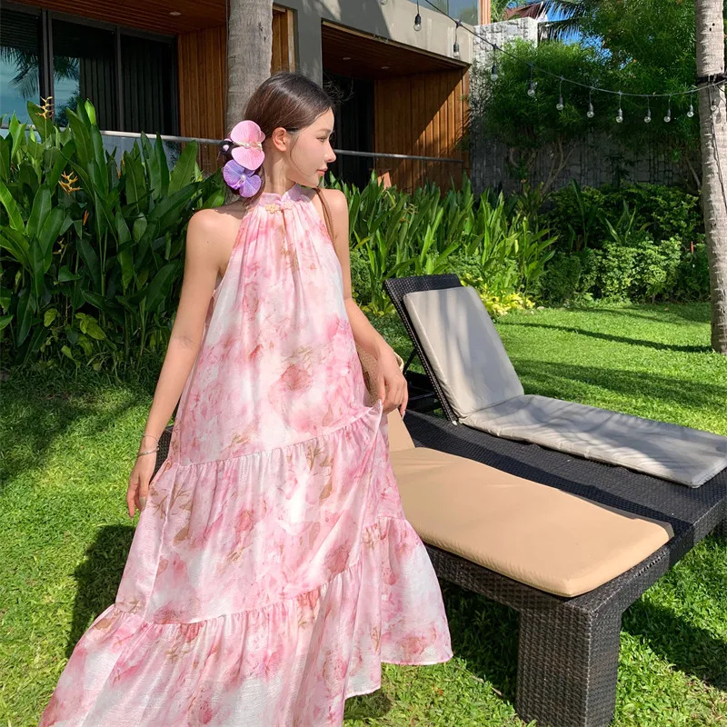 O-Neck Elegant Women Summer Loose Dress Vacation Pink Floral Fairy Lolita Dresses Popular Bow Long Grunge Sleeveless Robe 2024