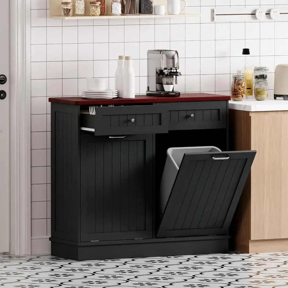 

Double 10-Gallon Wood Trash Cabinet with Storage Drawers, Suitable for Recycling and Kitchen Use, Black