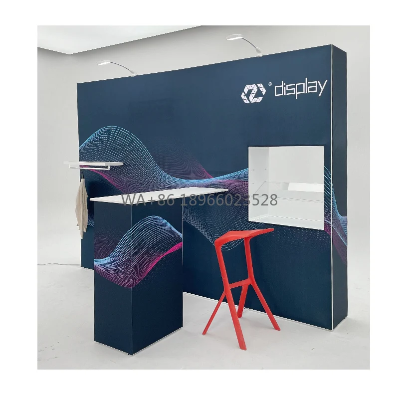 

Folding 10x10 New Exhibit Pop up Shop Display SEG Popup Backdrop Display Walls with bar Table 3x3 Pop up Backdrop
