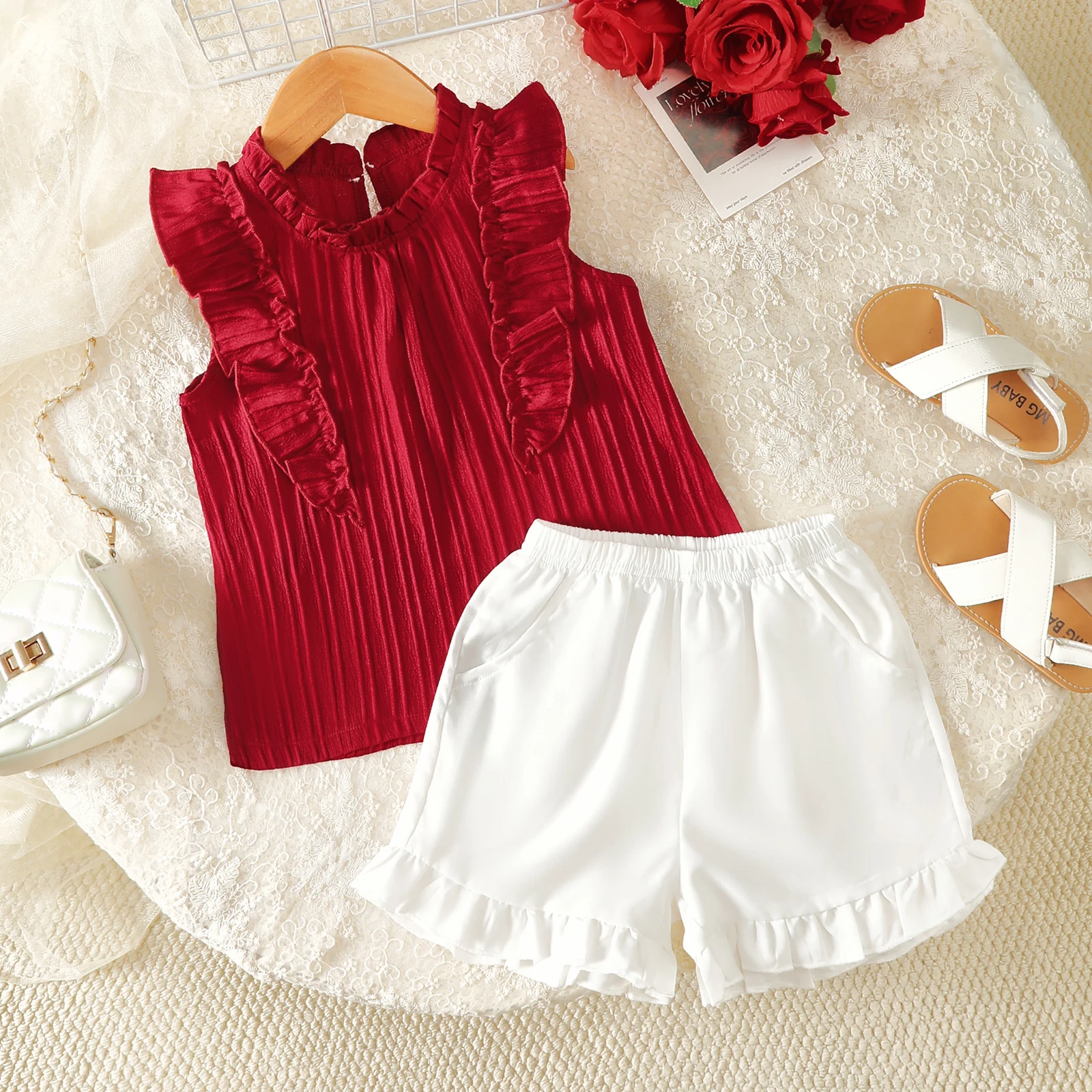 2PCS fashion and sweet new summer suit suitable for 4-7Y girls red ruffled sleeveless top+white shorts small fresh casual wear
