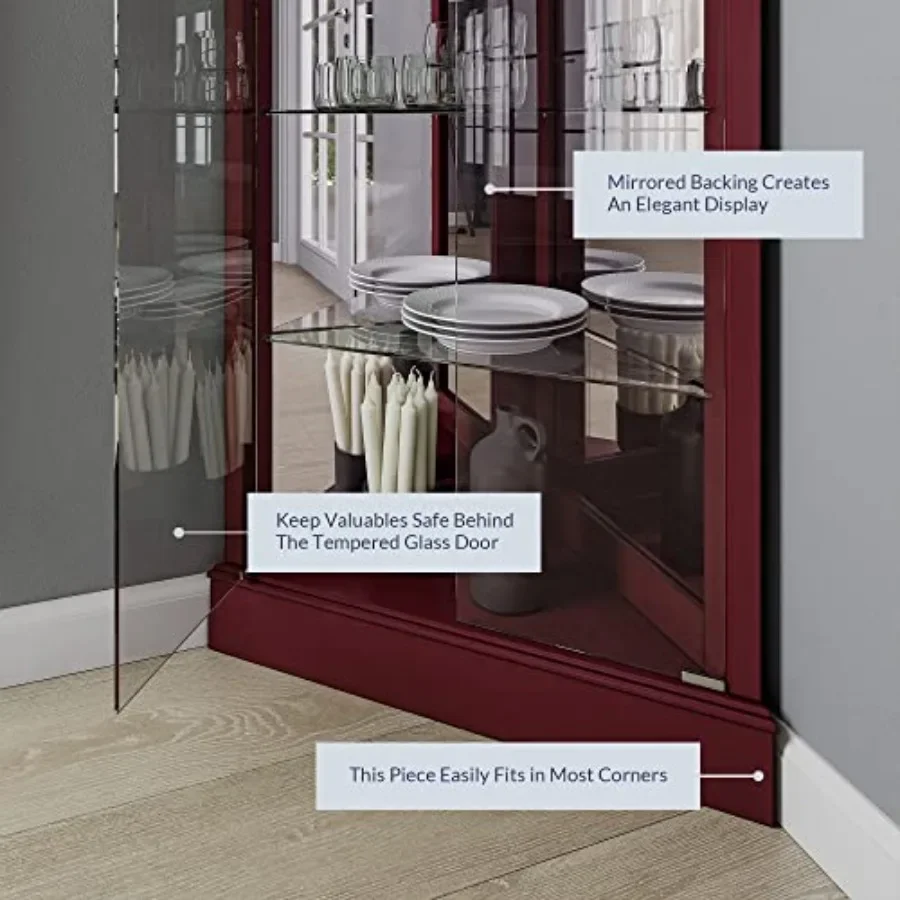 Lighted Corner Display Curio Cabinet for home bar use, wooden material, walnut finish, tempered glass door and 6 adjustable she view 4